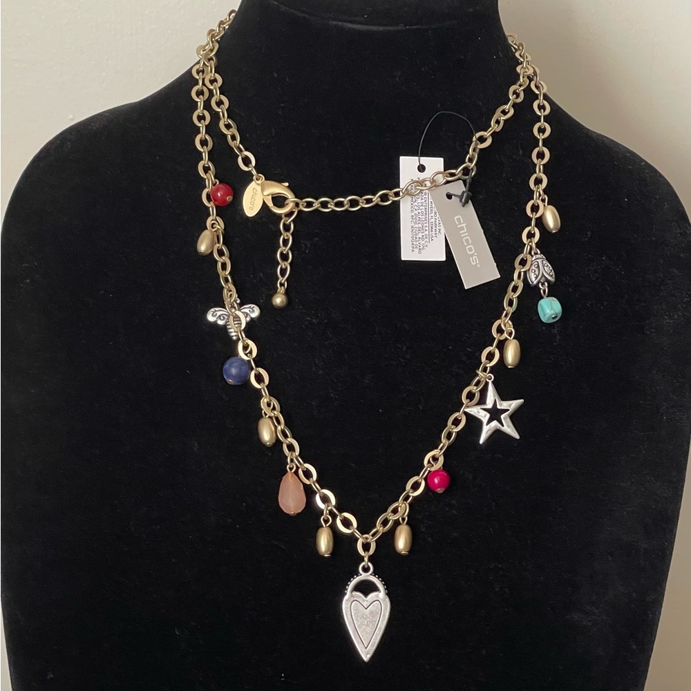 Chico's Gold Necklace with Colorful Charms, long necklace. Ladybug, bee, star.